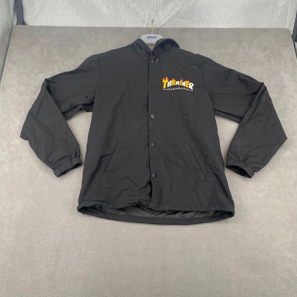 Thrasher Jacket Men Medium Black Nylon Magazine Flame Logo Windbreaker Hooded